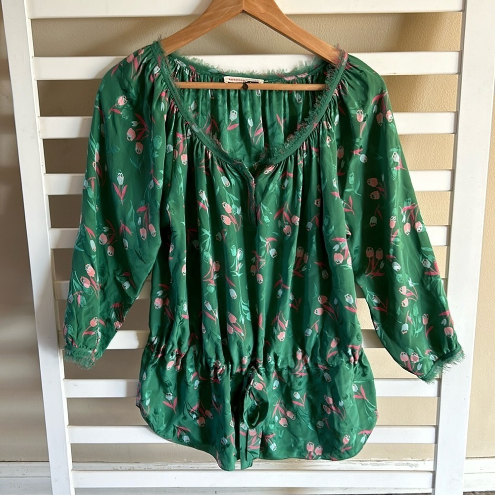 Rebecca Taylor Size 6 Green Floral 100% Silk Long Sleeve Tie Waist Blouse